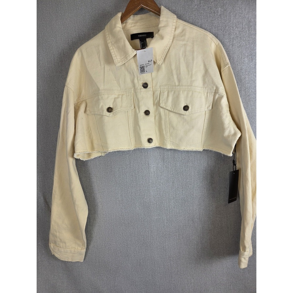 Forever 21 Cropped Trucker Jacket Womens L‎ Cream Boho Grunge Layering Y2K NEW